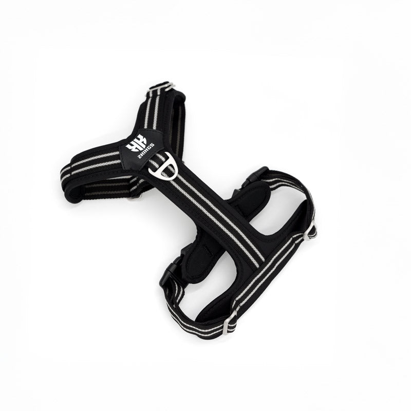 Front view of the best dog walking harness in black, featuring adjustable, reflective, and lightweight design for optimal comfort and safety.