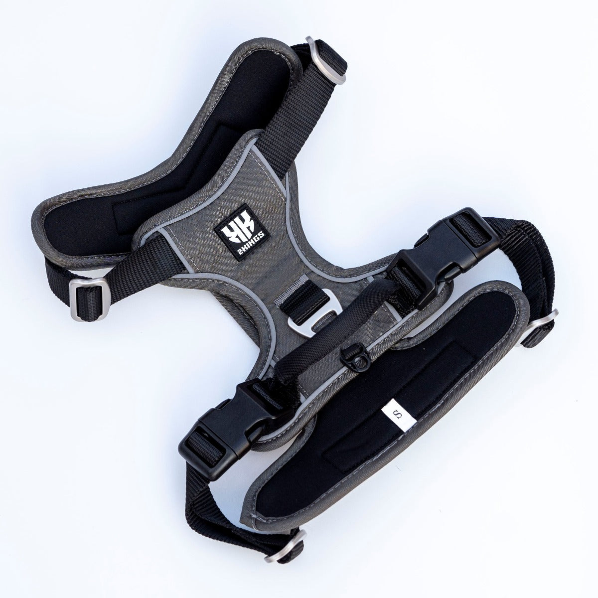 Adjustable padded dog harness, backview in grey colour.