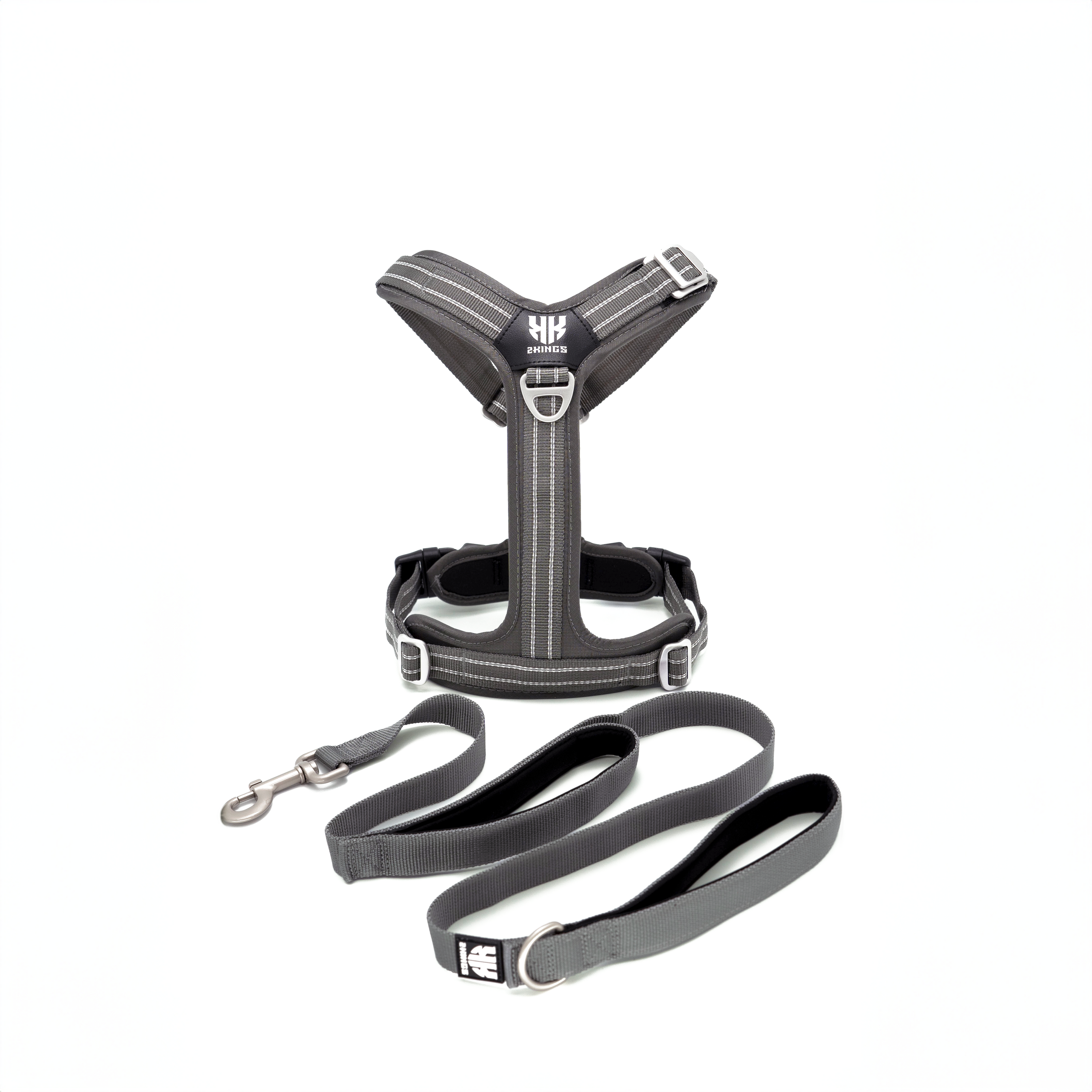 Adjustable Dog Harness with Double-Handed Lead Set - Lightweight & Reflective -Grey.