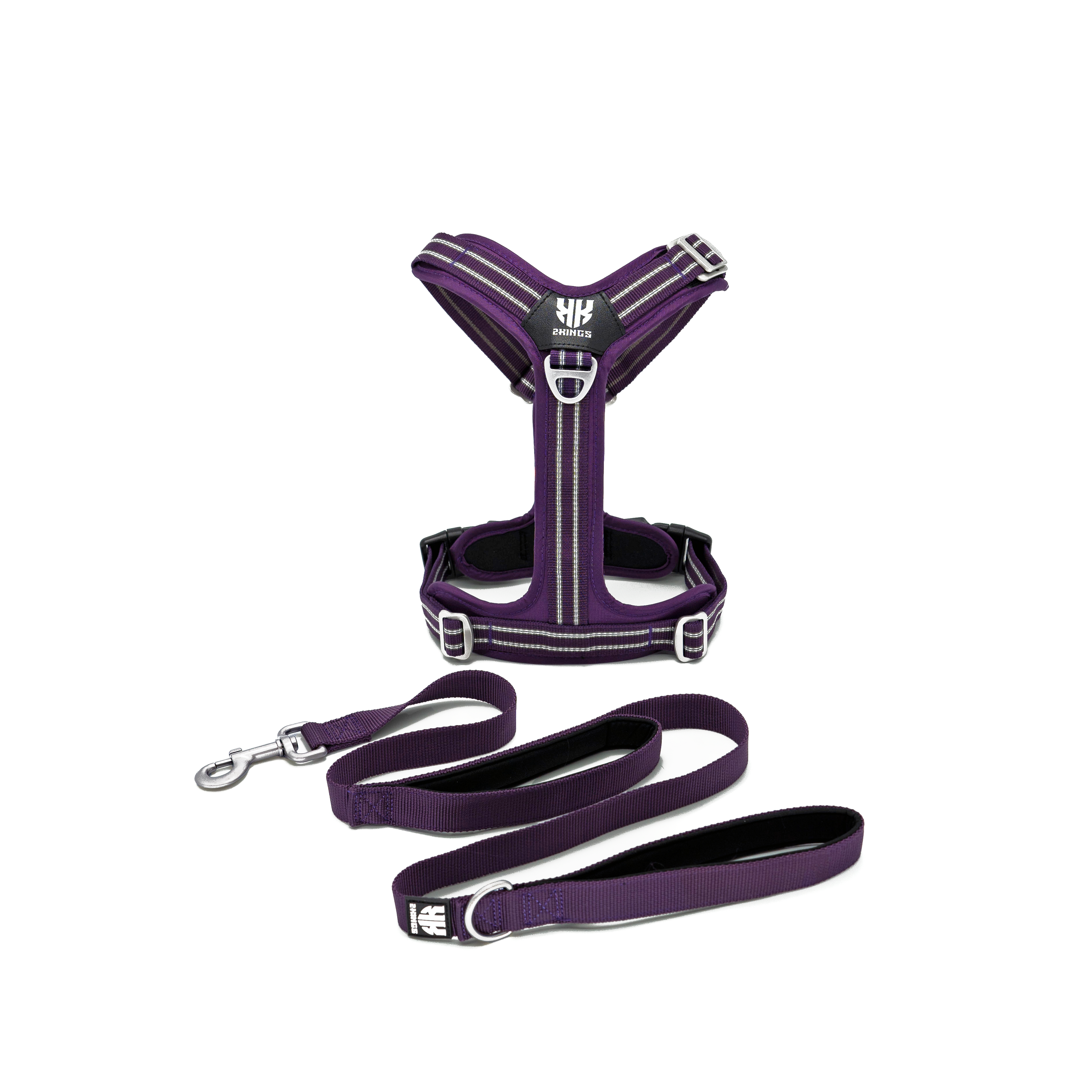 Adjustable Dog Harness with Double-Handed Lead Set - Lightweight & Reflective - Purple.