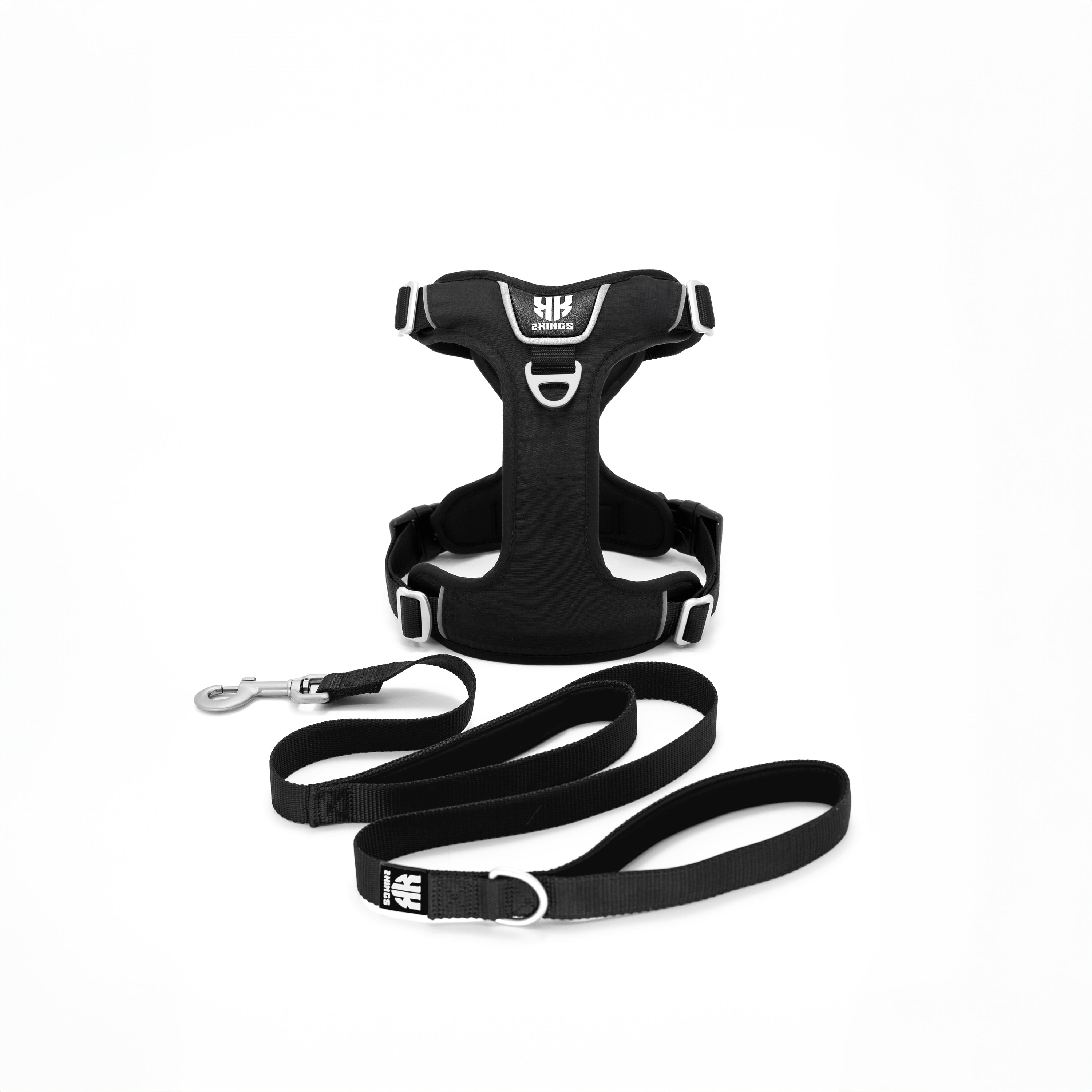 Comfort Dog Harness & Double Grip Lead Set - Padded & Waterproof with Top Handle - Black.