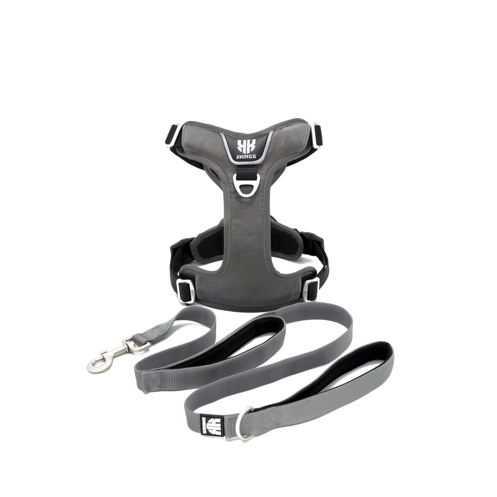 Comfort Dog Harness & Double Grip Lead Set - Padded & Waterproof with Top Handle - Grey.