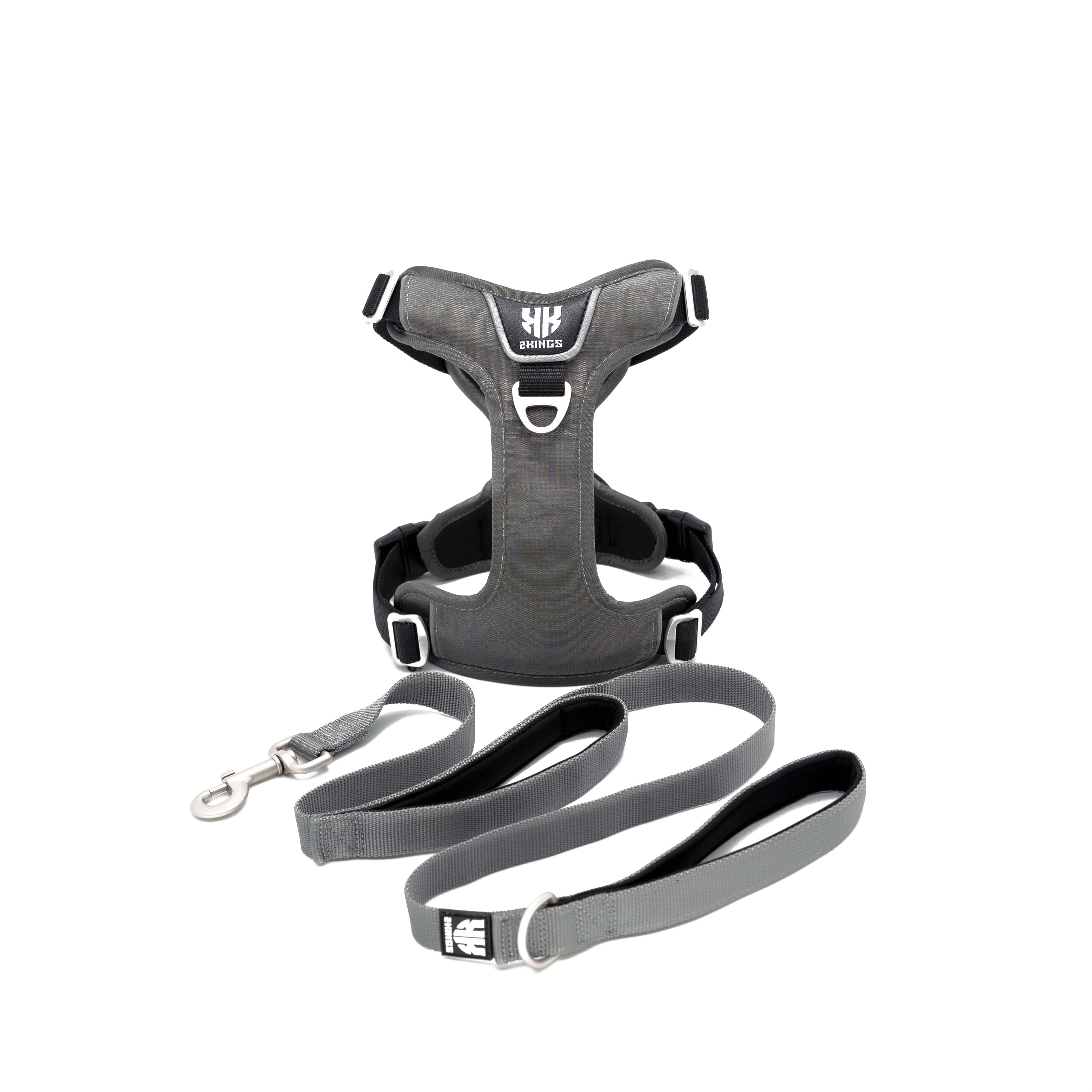 Comfort Dog Harness & Double Grip Lead Set - Padded & Waterproof with Top Handle - Grey.
