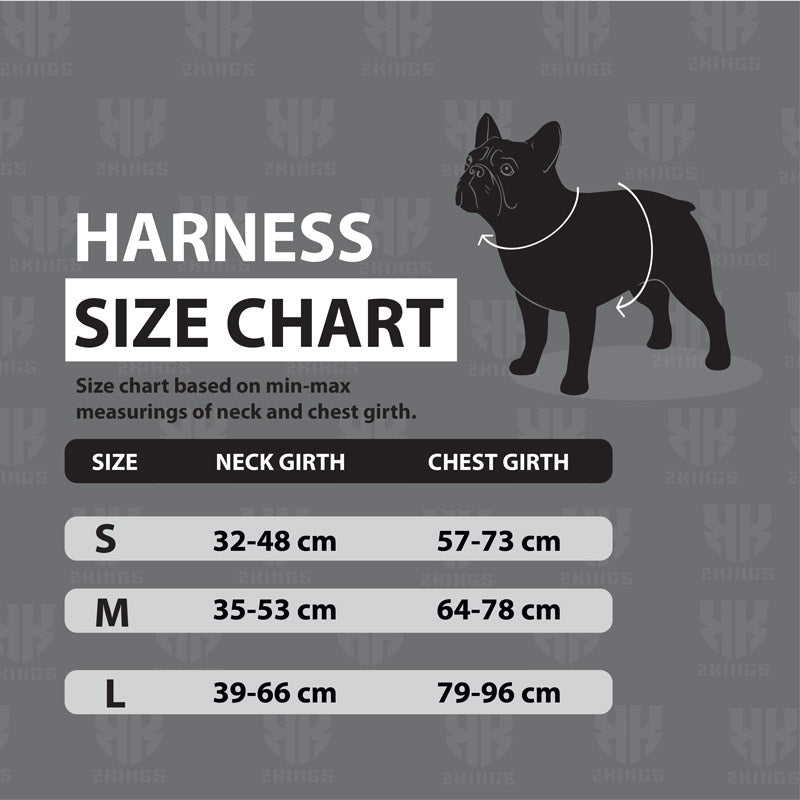 Universal size chart for adjustable dog harnesses, ensuring a perfect fit across all dog breeds.