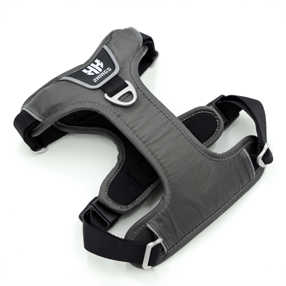 Ultimate comfort grey dog harness, featuring adjustable straps and breathable material for maximum comfort and fit