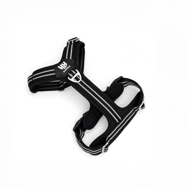 Front view of the best dog walking harness in black, featuring adjustable, reflective, and lightweight design for optimal comfort and safety.