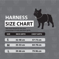 Universal size chart for adjustable dog harnesses, ensuring a perfect fit across various dog breeds.
