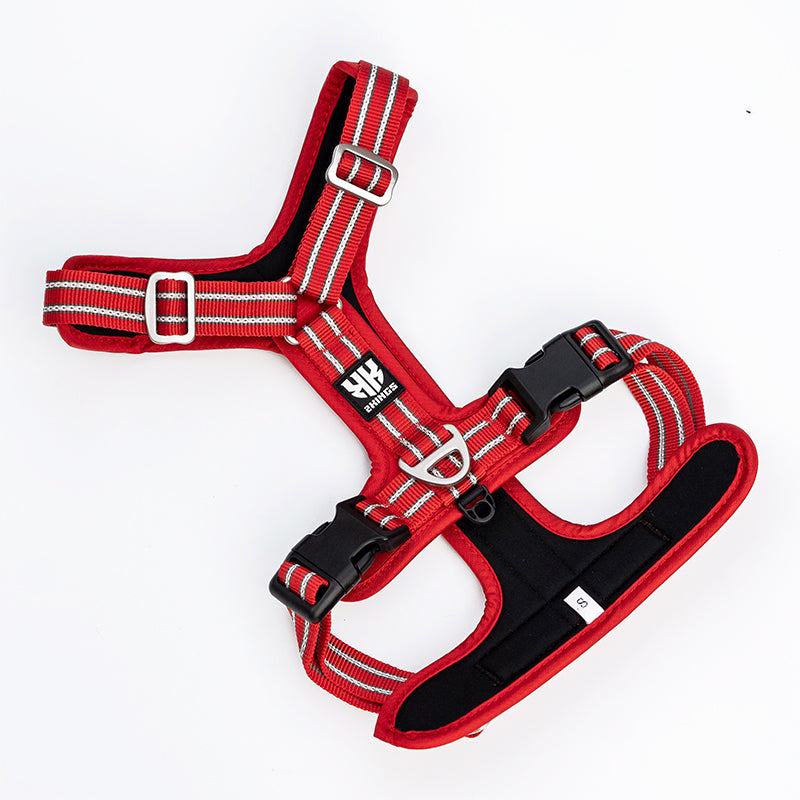 Back view of lightweight, adjustable red dog harness with reflective stripes and secure lock buckles for safety.